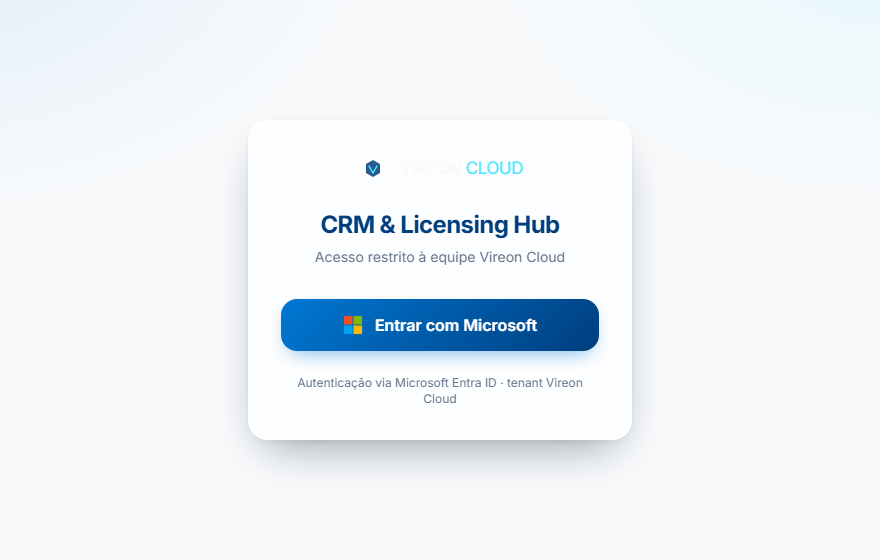 Tela de acesso do CRM e Licensing Hub da Vireon