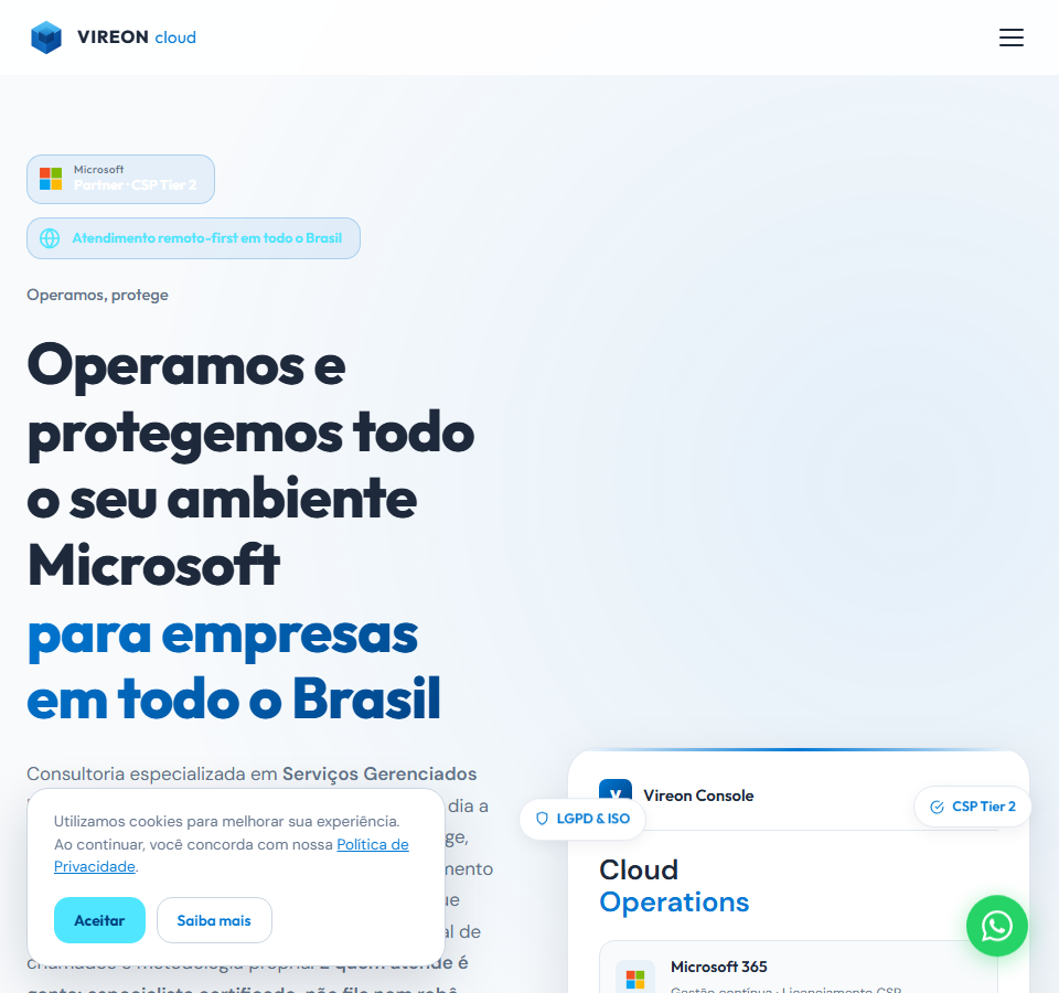 Site institucional da Vireon Cloud